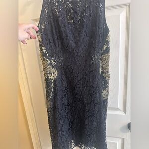 Elie Tahari Sleeveless Little Black Lace Dress With Gold &Black Lace Knee Length